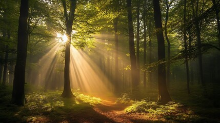 Sunlight streams through misty forest path