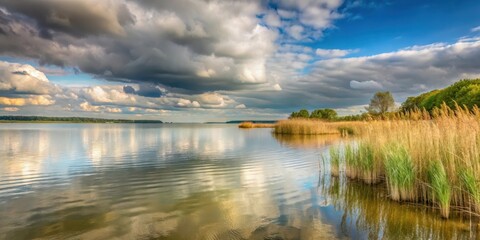Fototapeta premium Serene lake shore at Scharm?tzelsee in Brandenburg with tall reeds and a cloudy sky , lake shore