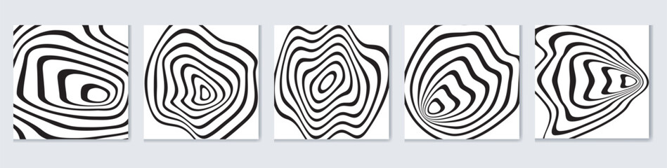 Black and white design. Pattern with optical illusion. Abstract striped background with ripple effect. Vector illustration.

