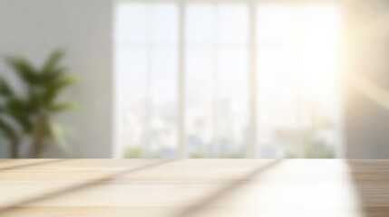 Fototapeta premium Bright, sunlit scene features a wooden surface and a blurred background with a glimpse of greenery
