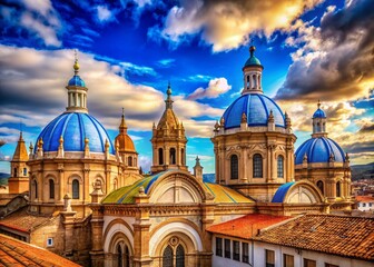 Naklejka premium Majestic Cathedral Domes of Old Cuenca, Ecuador: Panoramic Architectural Photography