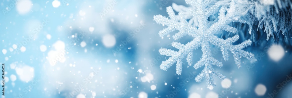 Aufkleber winter snowflake hanging on tree branches while soft snowflakes fall in a serene winter wonderland s