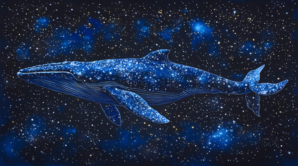 A majestic blue whale gliding through a starry night sky, merging oceanic wonder with a cosmic dreamscape in a surreal, imaginative scene. Surreal Galactic Whale. Illustration