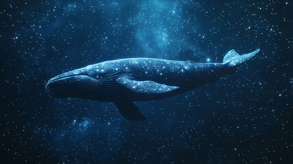 A majestic blue whale gliding through a starry night sky, merging oceanic wonder with a cosmic dreamscape in a surreal, imaginative scene. Surreal Galactic Whale. Illustration