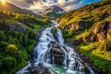 Majestic Chugach Waterfall: Aerial View of Cascading Water and Rugged Mountains