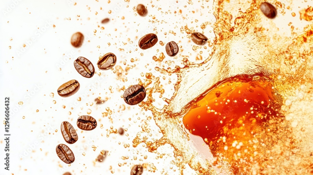 Poster coffee beans falling into liquid creating a splash with white background