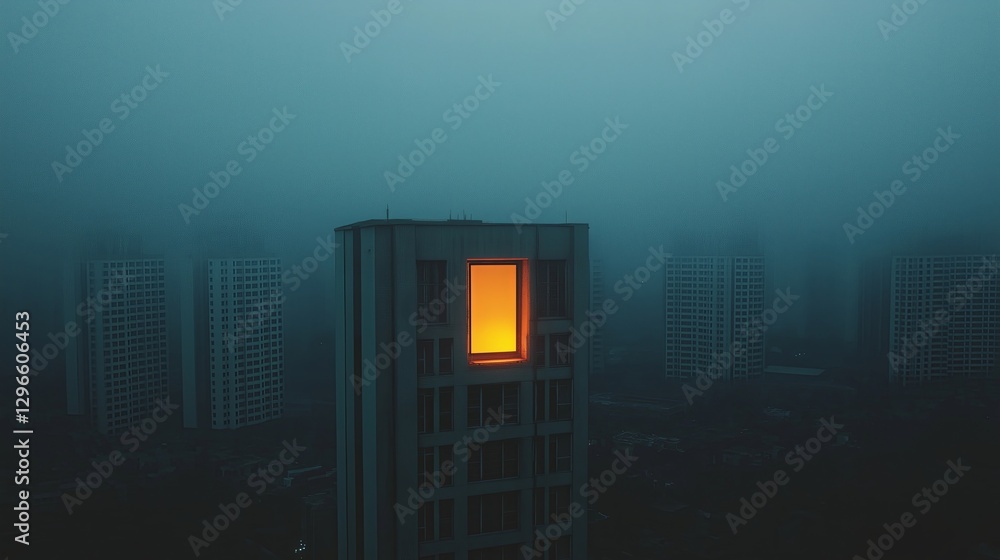 Poster a single glowing window in a vast dark cityscape.