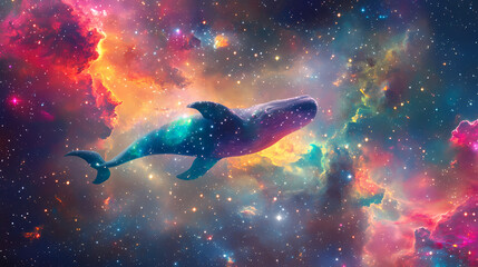 A majestic cosmic whale swimming through a bright galactic nebula, set against an ethereal background of stars and colorful space phenomena. Surreal Galactic Whale. Illustration