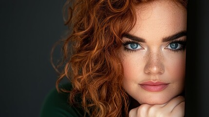 Naklejka premium A young woman with curly red hair and bright blue eyes gazes thoughtfully at the viewer, her hand resting gently on her chin. Soft, natural light highlights her features