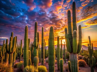 Majestic Columnar Cacti at Dawn, Tehuacan-Cuicatlan Biosphere Reserve, Puebla, Mexico - Long Exposure Photography