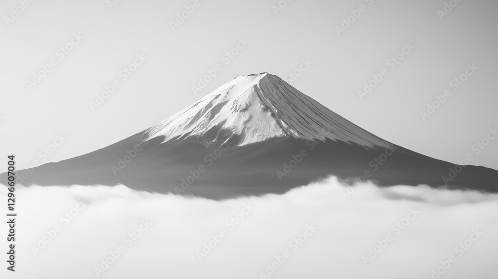 Poster a single mountain peak emerging from a sea of mist in monochrome.