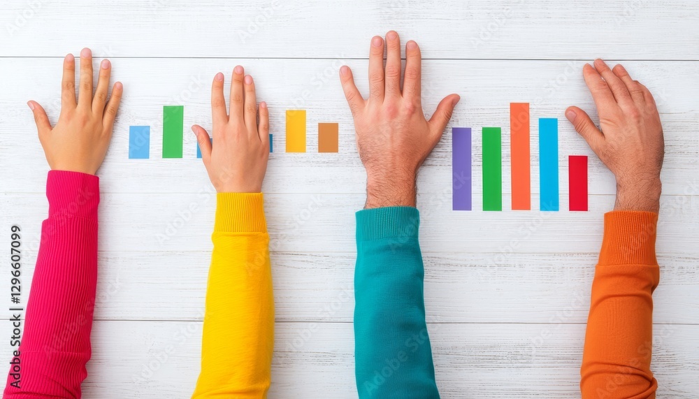 Poster colorful hands display data visualization with bar graphs on a light wooden surface, representing co