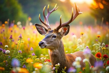 Fototapeta premium Majestic Deer in Blooming Wildflower Meadow - Spring Nature Photography