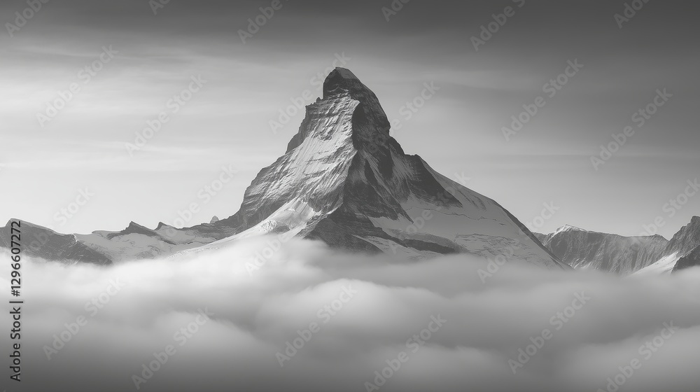 Poster a single mountain peak emerging from a sea of mist in monochrome.