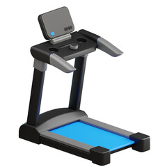 3D rendering of a modern treadmill with a digital display and control panel.