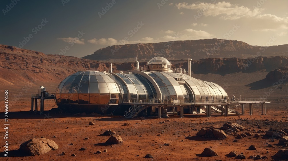 Poster exploration of mineral resources on mars with advanced habitat in the foreground against a rugged ma