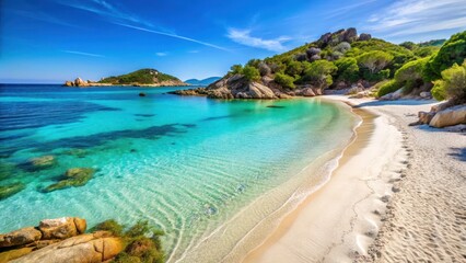 Fototapeta premium Beautiful beach at Spiaggia Porto Ghiacciolo with white sand and turquoise water lapping against the rocky shoreline , rocky coastline, Italy