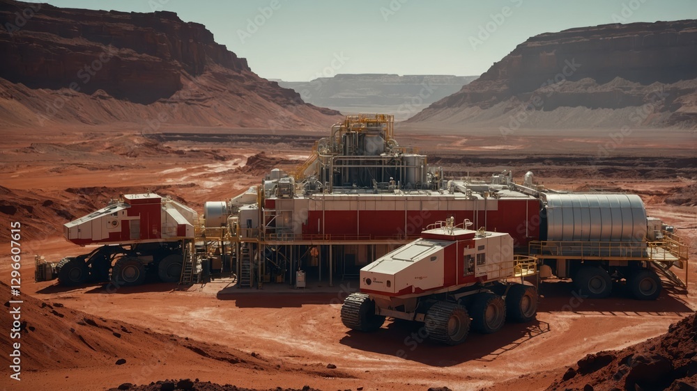 Poster exploration of mineral resources on mars with advanced machinery in a red landscape
