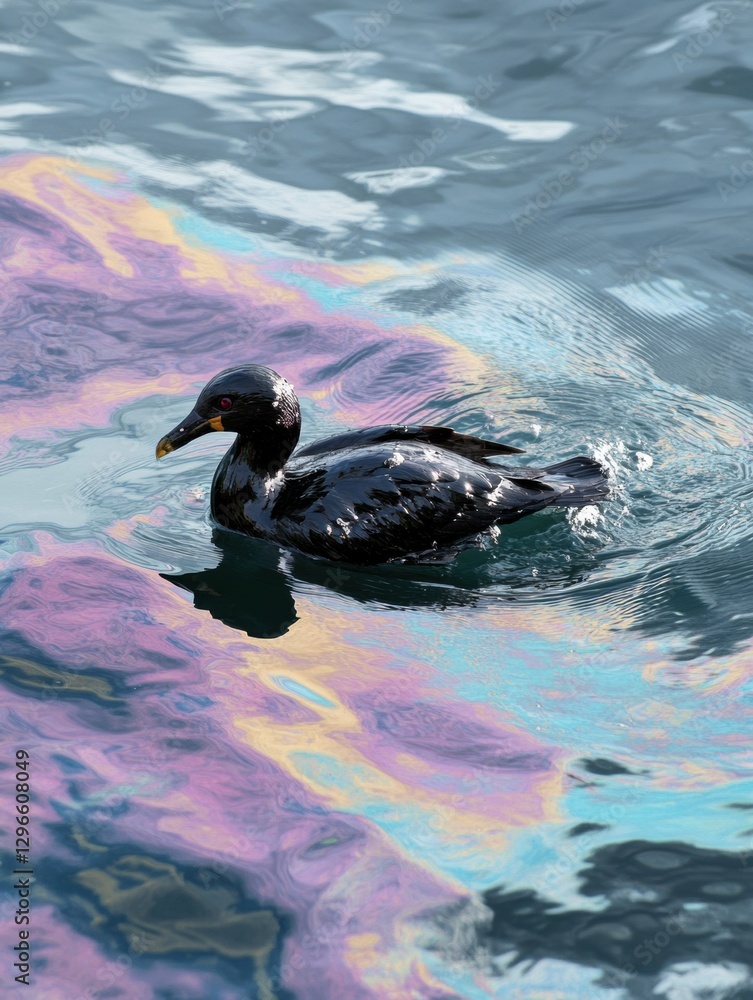 Poster oil spill affects seabird struggling in rainbow sheen at ocean surface during daylight. generative a