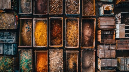 Aerial View of Colorful Piles in Industrial Waste Storage Bins