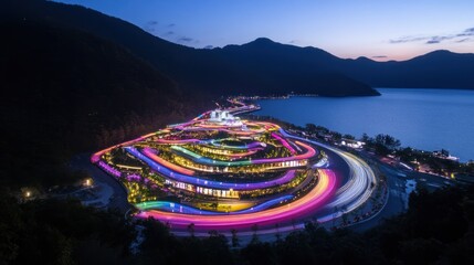 Obraz premium Illuminated Cityscape by Lake with Light Trails and Mountain Backdrop