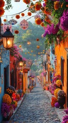 Fototapeta premium Vibrant da de los muertos celebration in a quaint mexican village