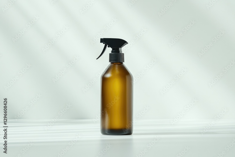 Aufkleber professional depiction of glossy spray bottle with pump centered on smooth white surface with soft d