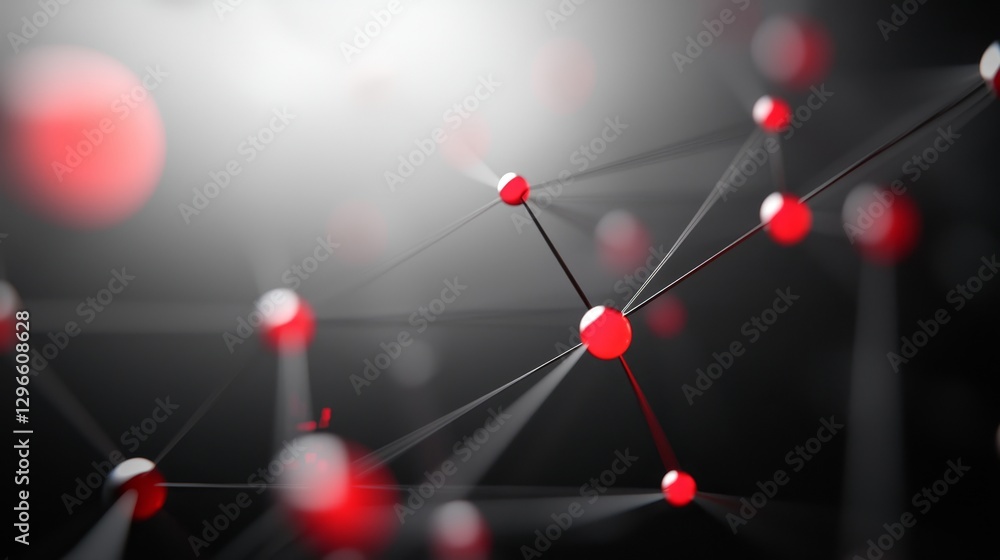 Poster a visually striking representation of interconnected nodes, featuring red spheres and dark connectio