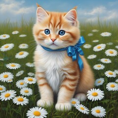 Ginger kitten wearing a blue bow in a field
