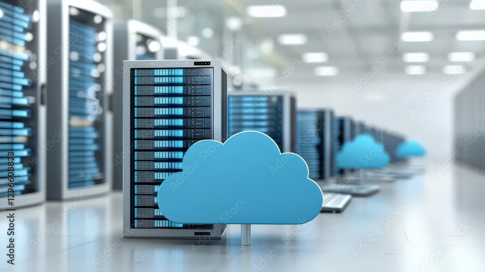 Poster a modern server room featuring multiple data servers and a prominent cloud symbol, representing clou