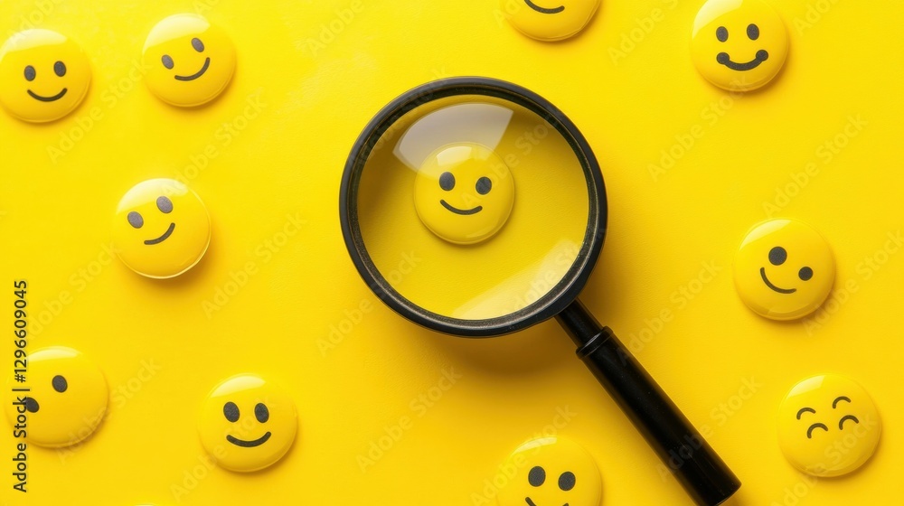 Poster magnifying glass focusing on a smiling button on a vibrant yellow background surrounded by other smi