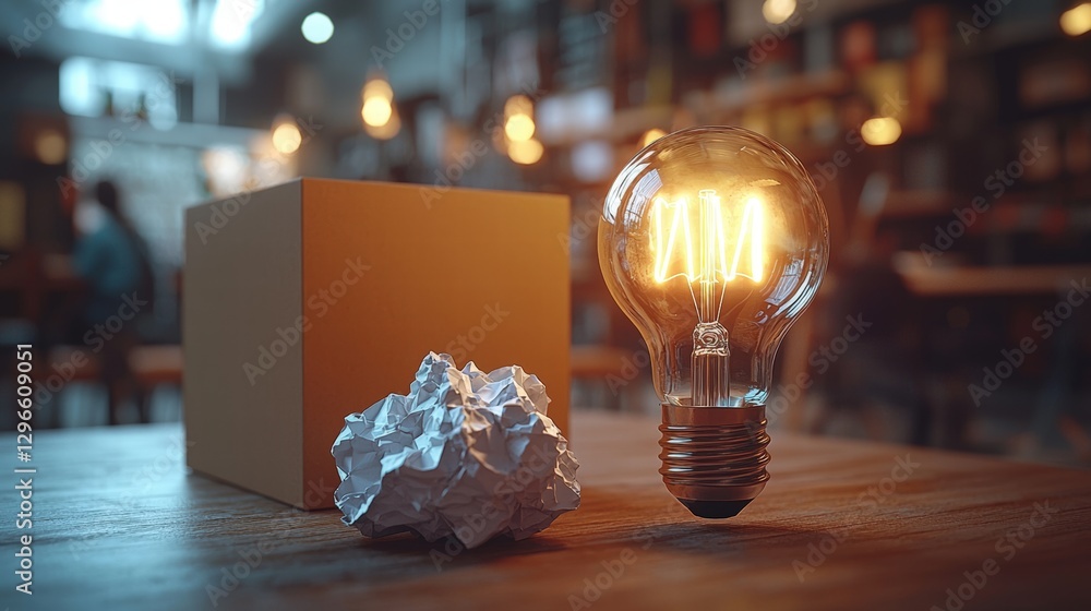 Poster a bright light bulb and crumpled paper together creating a visual representation of creative thinkin