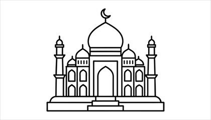 Islamic Mosque Outline Vector – Minimal Black and White Illustration of Muslim Architecture, Landmark, and Crescent Moon Design