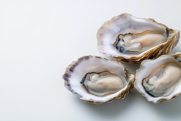 A minimalist composition of three fresh oysters on a white background