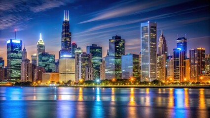 Chicago Downtown Skyline at Night with Towering Buildings and Neon Lights, cityscape, buildings,  cityscape, buildings