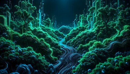 Abstract Background – Futuristic Digital Garden with Neon Circuit Patterns