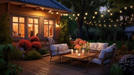 Cozy Backyard Patio with String Lights, Wooden Furniture with candles, flowers. Midsummer. National Relaxation Day. Outdoor furniture. Home and garden design. Event planning. 
