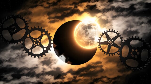 An eclipse where the moon and sun resemble clock gears.