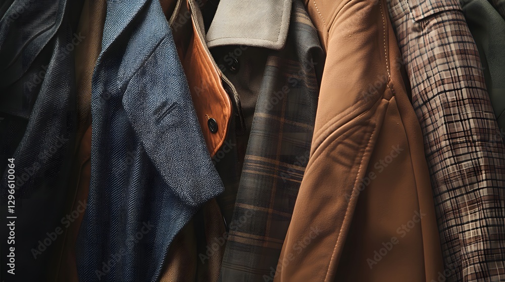 Poster a close-up of layered outerwear such as trench coat showcasing various textures colors and styles on