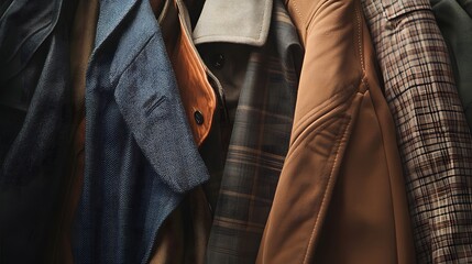 A close-up of layered outerwear such as trench coat showcasing various textures colors and styles on display in a fashionable environment