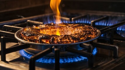 a close up of flames over a stove top. gas fire on stove top