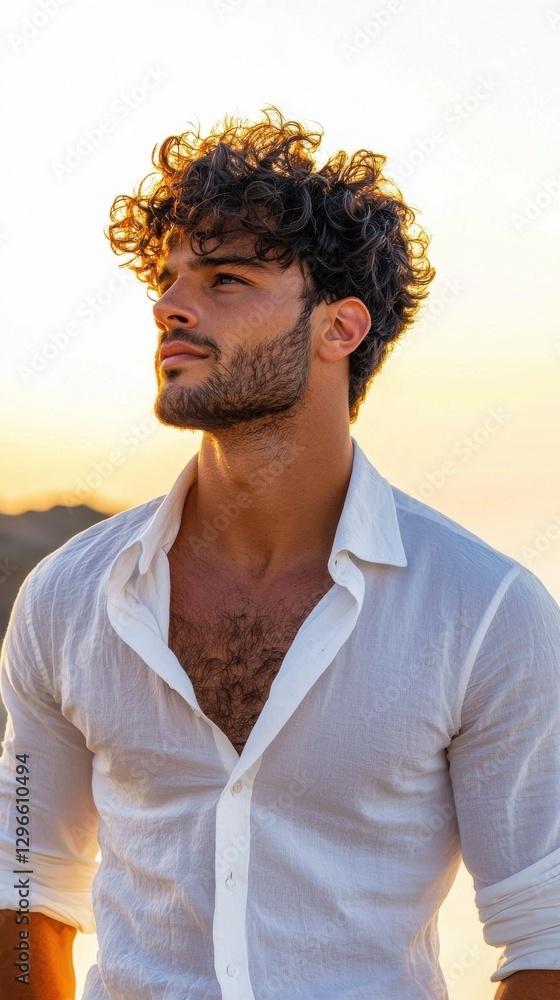 Poster a man with a beard and a mustache is standing on a beach