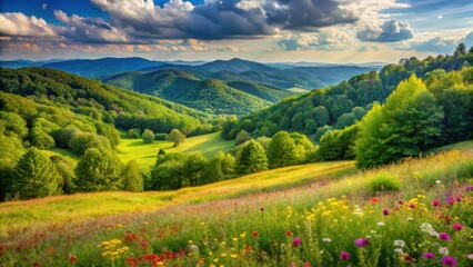 Obraz premium Serene rolling hills of Georgia covered in lush green trees and vibrant wildflowers
