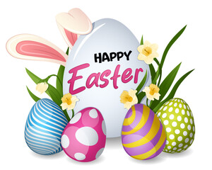 Happy Easter Graphic with Defodils, Bunny Ears and Colorful Easter Eggs. Isolated Festive Detailed Illustration