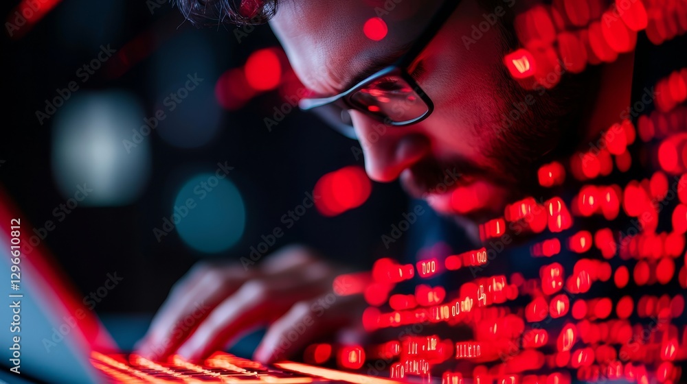 Aufkleber a focused individual works intently on a laptop, surrounded by a backdrop of glowing red code, empha