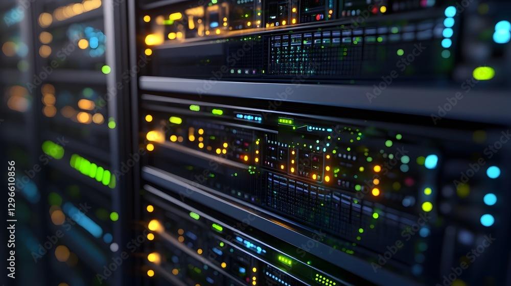 Poster close-up of servers with blinking lights managing i in a data center showcasing technology and conne