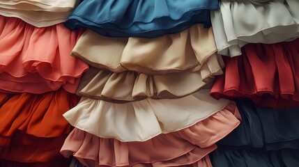 Artistic styling of layered skirts combining differ colors textures and patterns for a vibrant and fashionable display of unique clothing styles