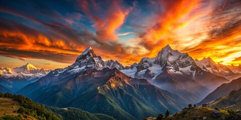 Majestic Himalayan Sunset Panorama: Machapucchare & Annapurna III Peaks