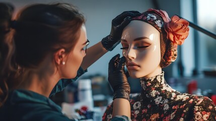 Fototapeta premium A professional stylist arranging a layered look on a woman getting her hair done in a modern salon with bright lighting and stylish decor