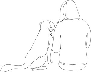 Continuous line drawing of woman and dog sitting together and looking into the distance, rear view. Outdoor person with pet Labrador, bonding and friendship concept, one line art. Editable stroke.